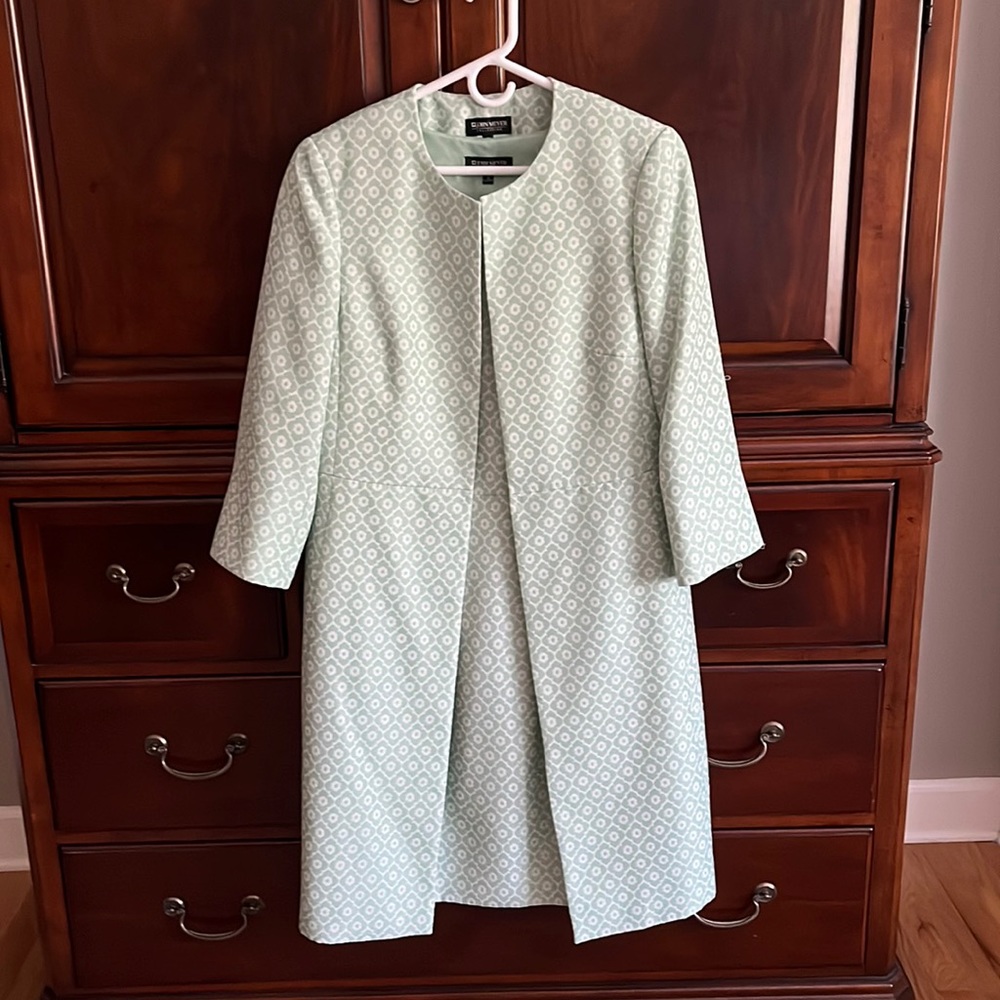Two piece dress suit worn to wedding. Light mint green.